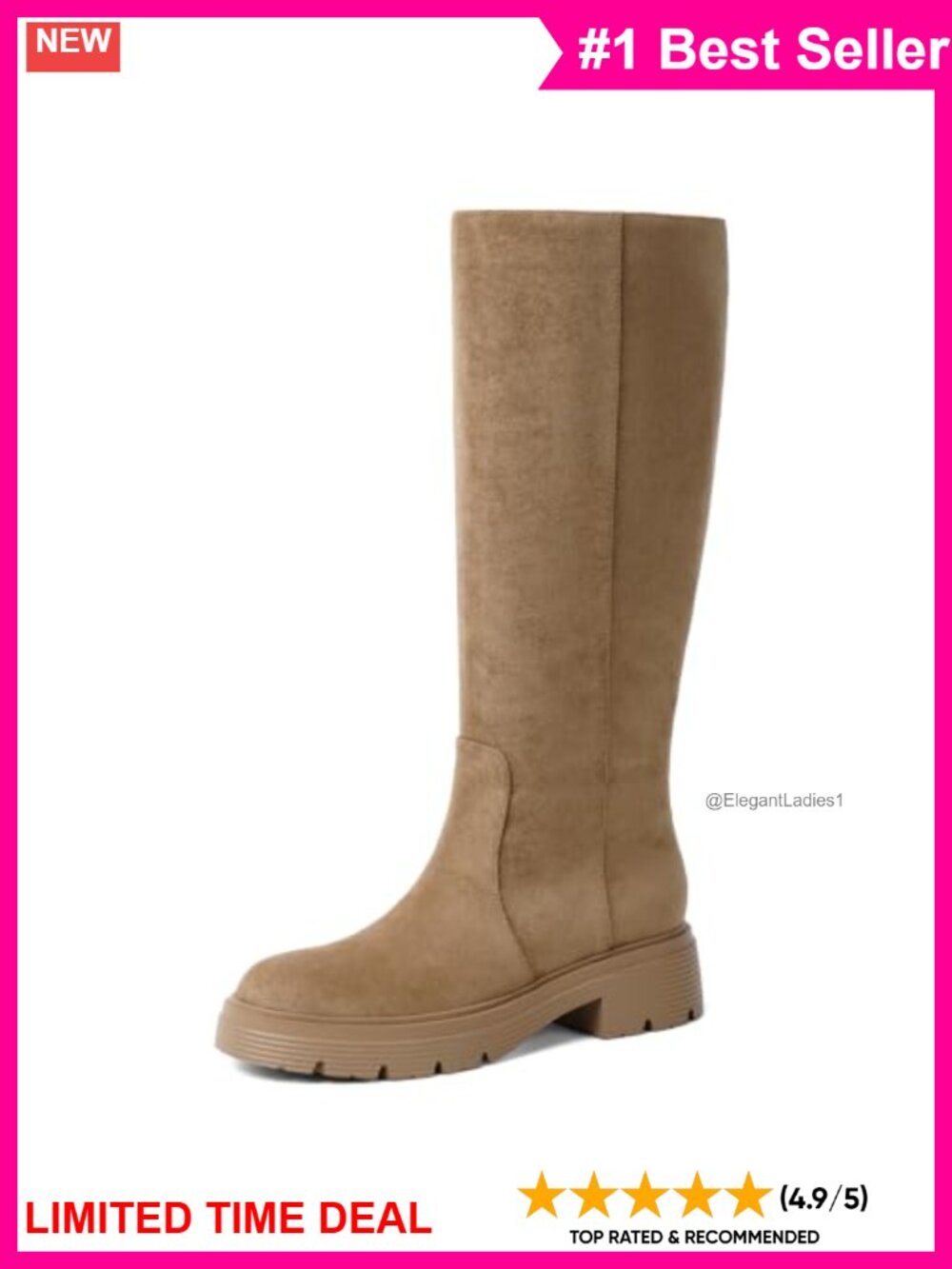 Faux Suede Knee High Boots Chunky Block Heel Side Zip Round Toe